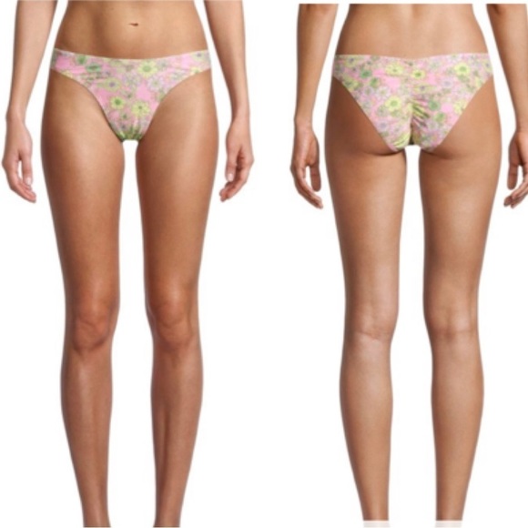 NEW Blu C Juniors Ruched Back Swimsuit Bottoms SZ Large in Pink Tropical - Picture 1 of 7